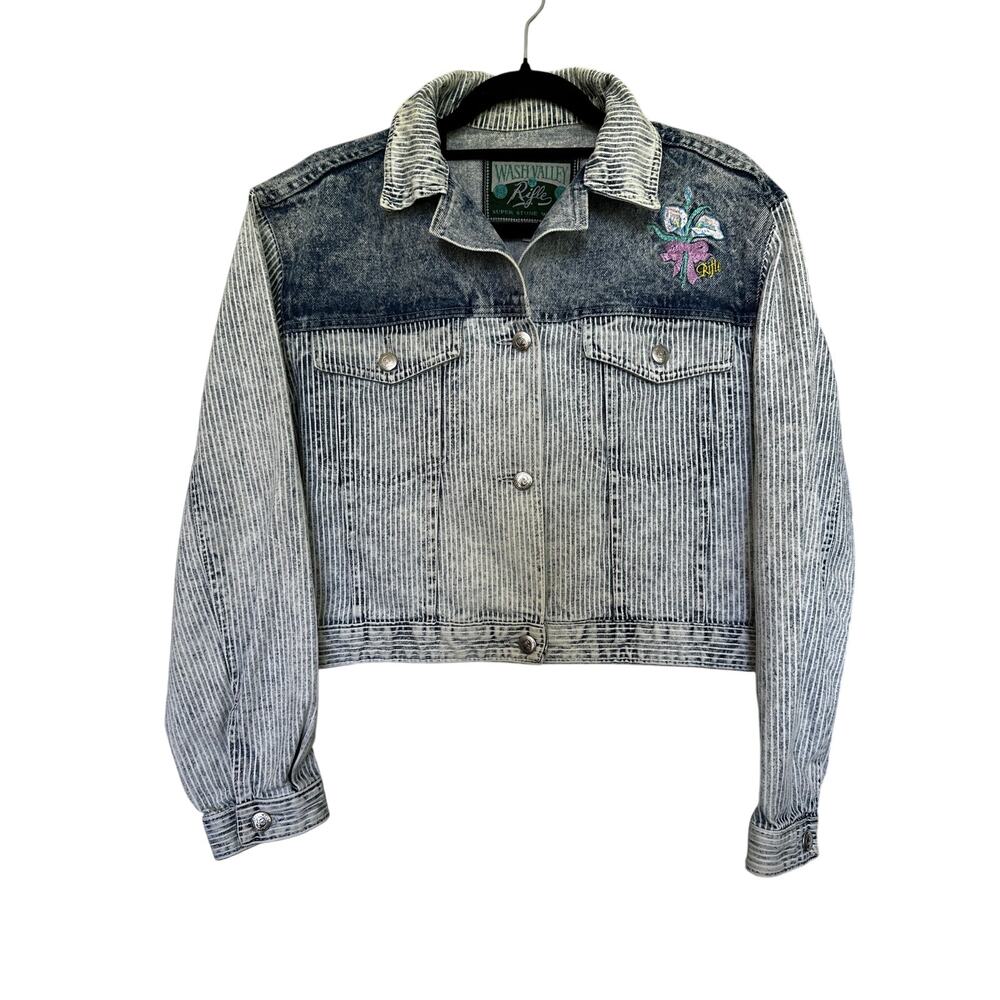 Vintage 80s Rifle Jeans Italy Acid Wash Stripe Denim Crop Trucker Jacket Medium